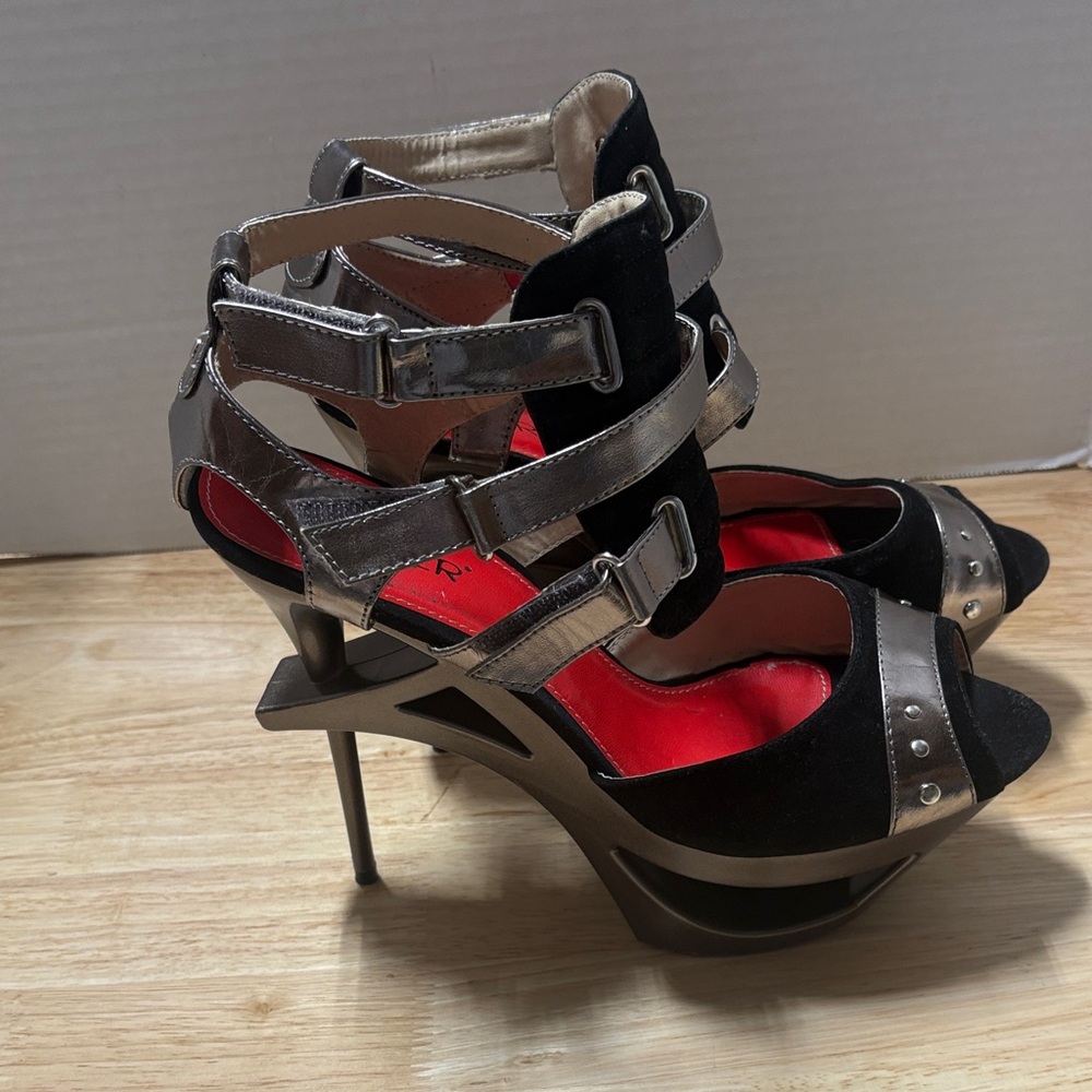 Bumper Black Suede & Silver Metallic Strappy High Heel Sandals with Red Insoles - Picture 3 of 10